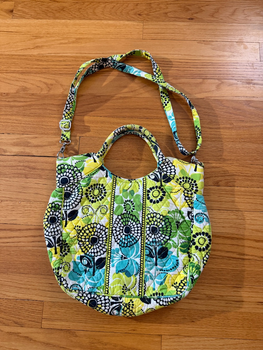 Vera Bradley Quilted Floral Shoulder Tote in Lime Green, Teal & Black